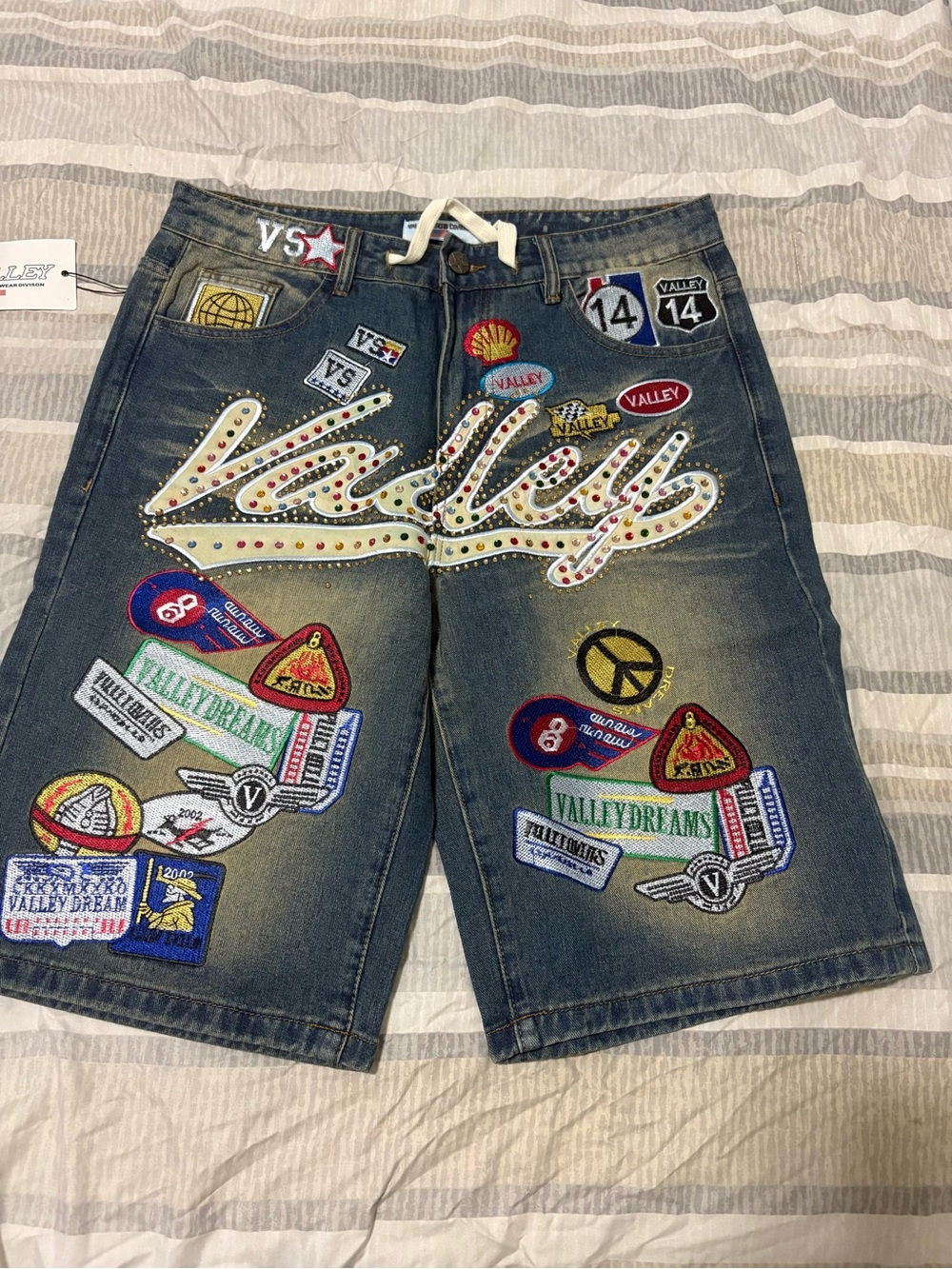 Valley Embellished Denim Patchwork Shorts